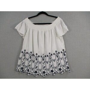 Old Navy Womens XL White Off-Shoulder Embroidered Floral Top With Scalloped Heml